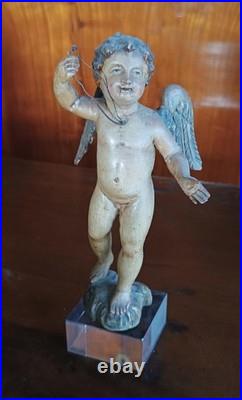 Antique Small Polychrome Wooden Cherub Italy, 18th Century