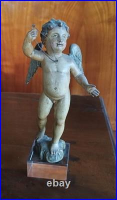 Antique Small Polychrome Wooden Cherub Italy, 18th Century