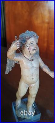 Antique Small Polychrome Wooden Cherub Italy, 18th Century