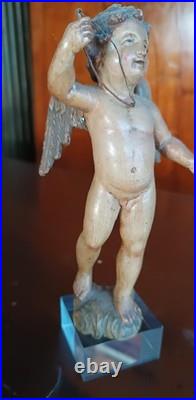 Antique Small Polychrome Wooden Cherub Italy, 18th Century