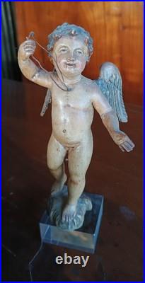 Antique Small Polychrome Wooden Cherub Italy, 18th Century