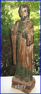 Antique South American Lrg Early Carved Wood Religious Sculpture Saint Santo