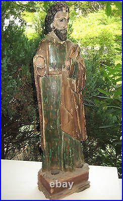Antique South American Lrg Early Carved Wood Religious Sculpture Saint Santo