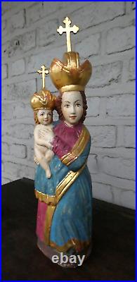 Antique South european wood carved polychrome Madonna child statue religious