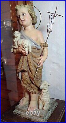 Antique Spain wood paste religious statue. 17.7. SAINT JOHN w. Holy Lamb