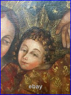 Antique Spanish Colonial Cuzco School Holy Family Religious Oil Canvas Painting
