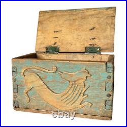 Antique Spanish Colonial Green Painted Religious Lion Wooden Storage Box Antique Spanish Colonial Green Painted Religious Lion Wooden Storage Box