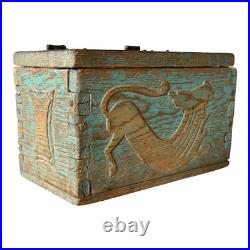 Antique Spanish Colonial Green Painted Religious Lion Wooden Storage Box Antique Spanish Colonial Green Painted Religious Lion Wooden Storage Box
