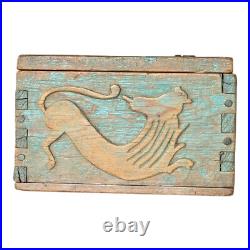 Antique Spanish Colonial Green Painted Religious Lion Wooden Storage Box Antique Spanish Colonial Green Painted Religious Lion Wooden Storage Box