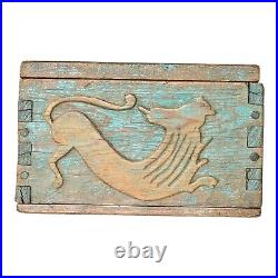 Antique Spanish Colonial Green Painted Religious Lion Wooden Storage Box Antique Spanish Colonial Green Painted Religious Lion Wooden Storage Box