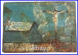 Antique Spanish Colonial Painting Retablo on Tin, RARE Crucifixion, Dated 1895