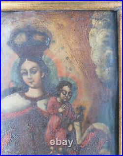 Antique Spanish Portuguese Colonial Oil Painting Icon Wood Panel Gilt Gold Frame