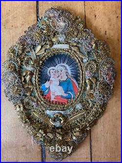 Antique Spanish Religious Convent Work Metallic Embroidery Reliquary Miniature 3