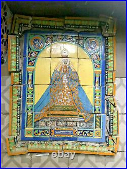 Antique Spanish Virgin of Reyes Ceramic Tile Retable from Triana Seville Spain