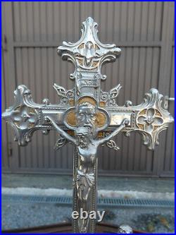 Antique Spelter metal Calvary crucifix 4 evangelist symbols base religious