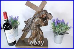 Antique Spelter metal christ carry cross statue religious