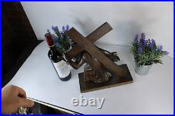 Antique Spelter metal christ carry cross statue religious