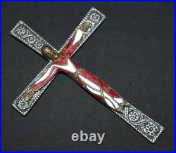 Antique Spnish Religious Cross Crucifix Icon Enamel on Bronze