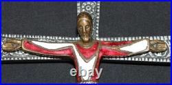 Antique Spnish Religious Cross Crucifix Icon Enamel on Bronze