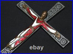 Antique Spnish Religious Cross Crucifix Icon Enamel on Bronze