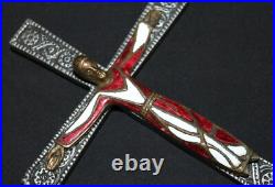 Antique Spnish Religious Cross Crucifix Icon Enamel on Bronze