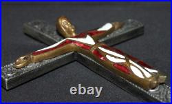 Antique Spnish Religious Cross Crucifix Icon Enamel on Bronze