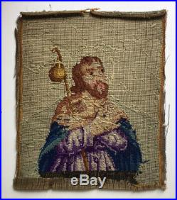 Antique St. James Religious Needlepoint Picture Textile Folk Art Needlework