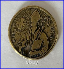 Antique St Saint Benedict of Nursia Religious Medal Virgin Mary. Montserrat Antique St Saint Benedict of Nursia Religious Medal Virgin Mary. Montserrat
