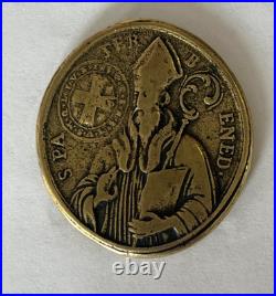 Antique St Saint Benedict of Nursia Religious Medal Virgin Mary. Montserrat Antique St Saint Benedict of Nursia Religious Medal Virgin Mary. Montserrat