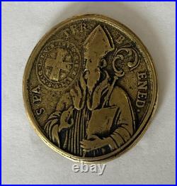 Antique St Saint Benedict of Nursia Religious Medal Virgin Mary. Montserrat Antique St Saint Benedict of Nursia Religious Medal Virgin Mary. Montserrat