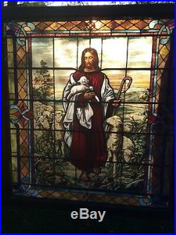 Antique Stained Glass Religious Jesus And The Lamb Window, 65.5x 59.75