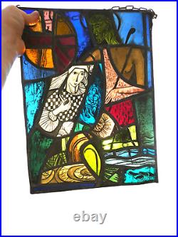 Antique Stained glass window madonna joseph religious signed