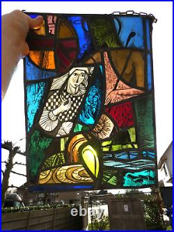 Antique Stained glass window madonna joseph religious signed