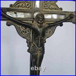 Antique Standing Crucifix Mother of Pearl Inlay Religious Altar Cross Catholic
