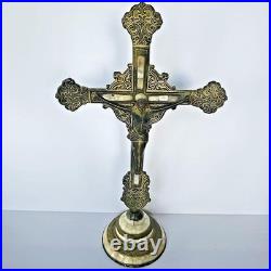 Antique Standing Crucifix Mother of Pearl Inlay Religious Altar Cross Catholic