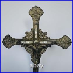 Antique Standing Crucifix Mother of Pearl Inlay Religious Altar Cross Catholic