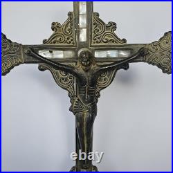 Antique Standing Crucifix Mother of Pearl Inlay Religious Altar Cross Catholic