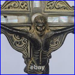 Antique Standing Crucifix Mother of Pearl Inlay Religious Altar Cross Catholic