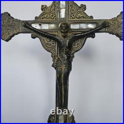 Antique Standing Crucifix Mother of Pearl Inlay Religious Altar Cross Catholic