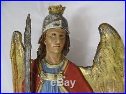 Antique Statue Hand Carved Wood Religious Figure of Michael The Archangel 22.5
