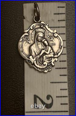 Antique Sterling Silver Detailed Virgin Mother Mary Baby Jesus Religious Pendant