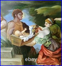 Antique Style Oil Painting Birth of Moses Figural Landscape Scene Religious Art