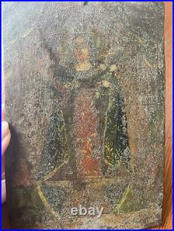 Antique Tin Metal 19th C  Icon Religious Hand Painted Retabl0 Woman Mary