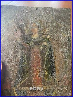 Antique Tin Metal 19th C  Icon Religious Hand Painted Retabl0 Woman Mary