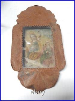 Antique Tin Mexican Religious Retablo Catholic Folk Art In Old Nicho