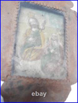 Antique Tin Mexican Religious Retablo Catholic Folk Art In Old Nicho