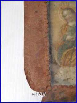 Antique Tin Mexican Religious Retablo Catholic Folk Art In Old Nicho