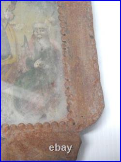 Antique Tin Mexican Religious Retablo Catholic Folk Art In Old Nicho