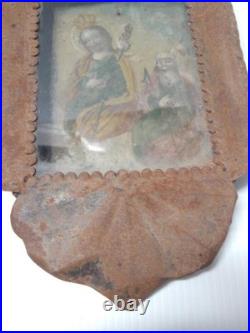 Antique Tin Mexican Religious Retablo Catholic Folk Art In Old Nicho