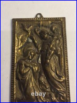 Antique Turn Of The Century Heavy Relief Brass Saint Mary Religious Wall Plaque Antique Turn Of The Century Heavy Relief Brass Saint Mary Religious Wall Plaque